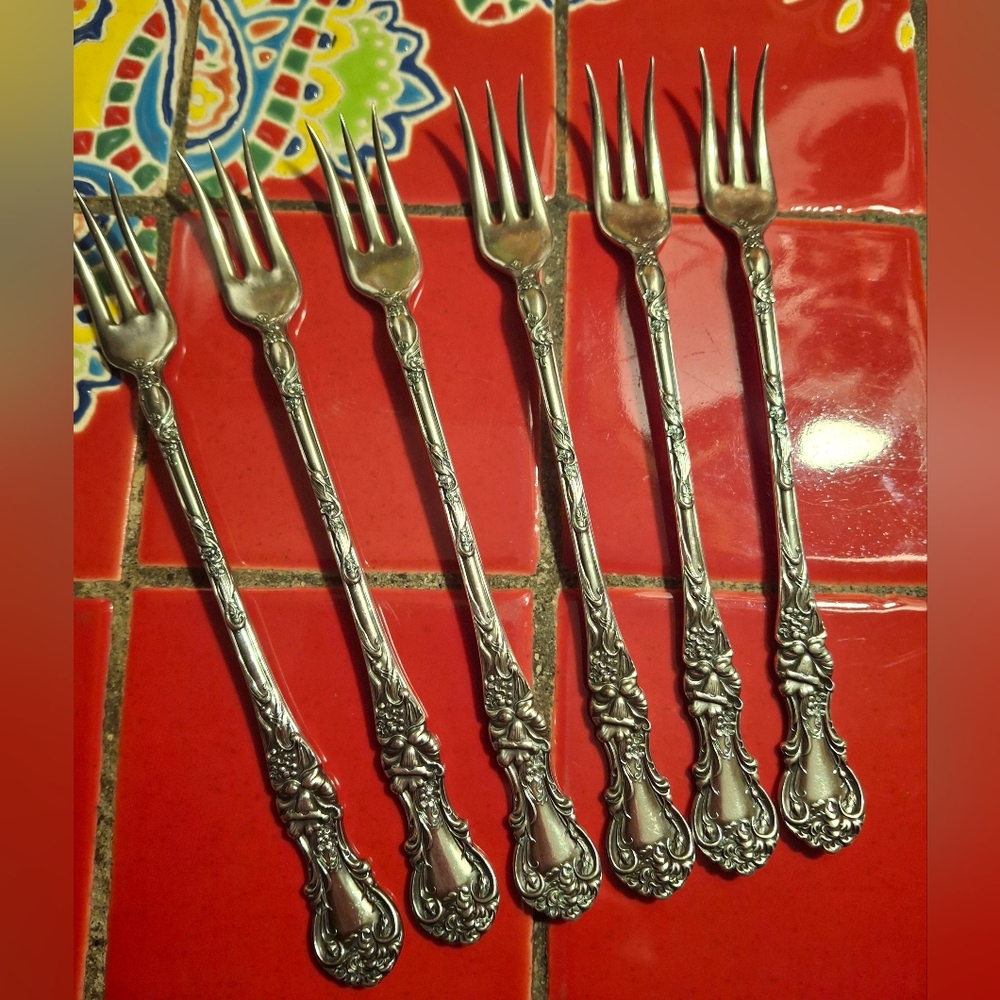 "Floral" Silverplate Cockt Seafood Forks Set 6 Wallace Silversmiths Excellent